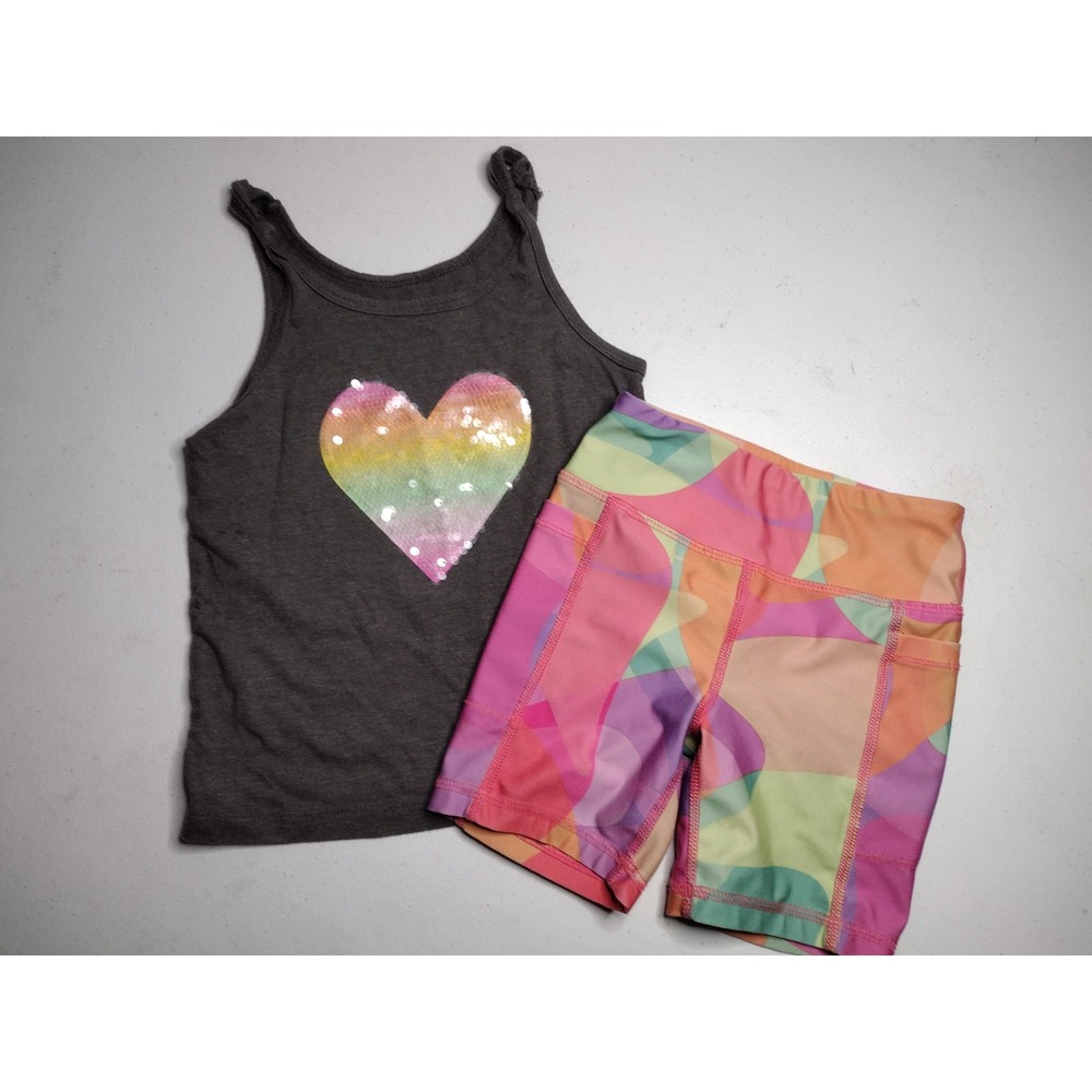 Girls Cat & Jack Sequin Heart Tank &‎ DSG Abstract Bike Shorts Set Size 4/5 XS
